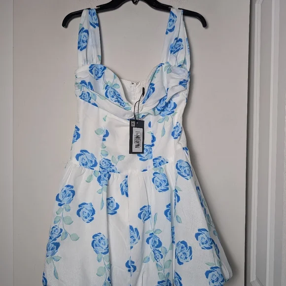 Angel Biba Dress Bubble Hem White Blue Floral Mini Dress Sz M new - Picture 5 of 8